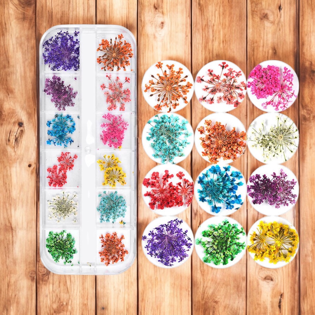 Nailgel többszínű szárítótott virágok